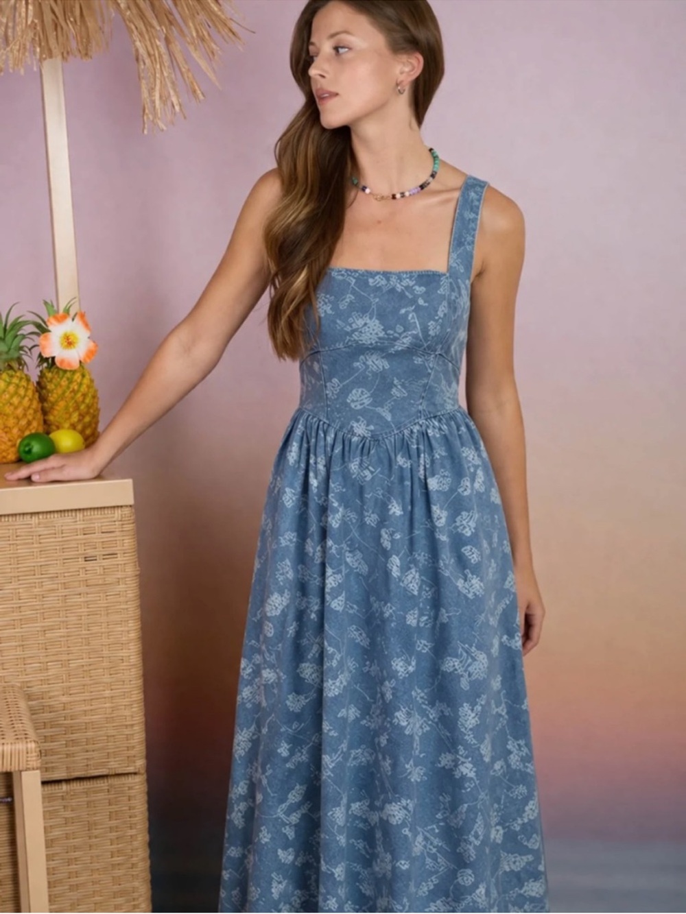 Denim Floral Jacquard Corset Midi Dress Cottagecore Blue Large - Picture 2 of 4